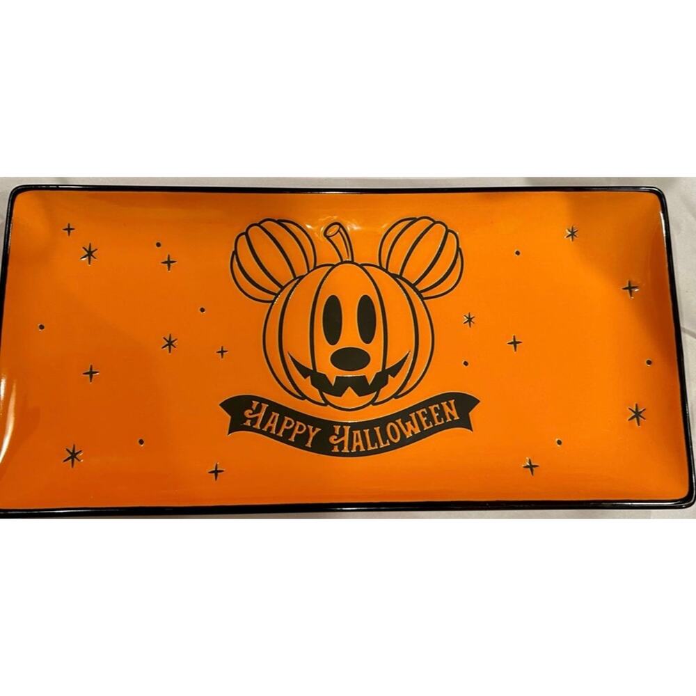 Disney Mickey Mouse Happy Halloween‎ Orange Ceramic Serving Platter Tray Pumpkin